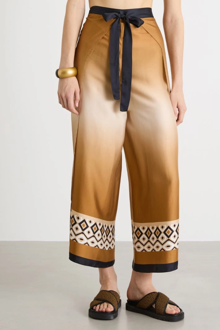 Printed satin wrap trousers - CAMEL