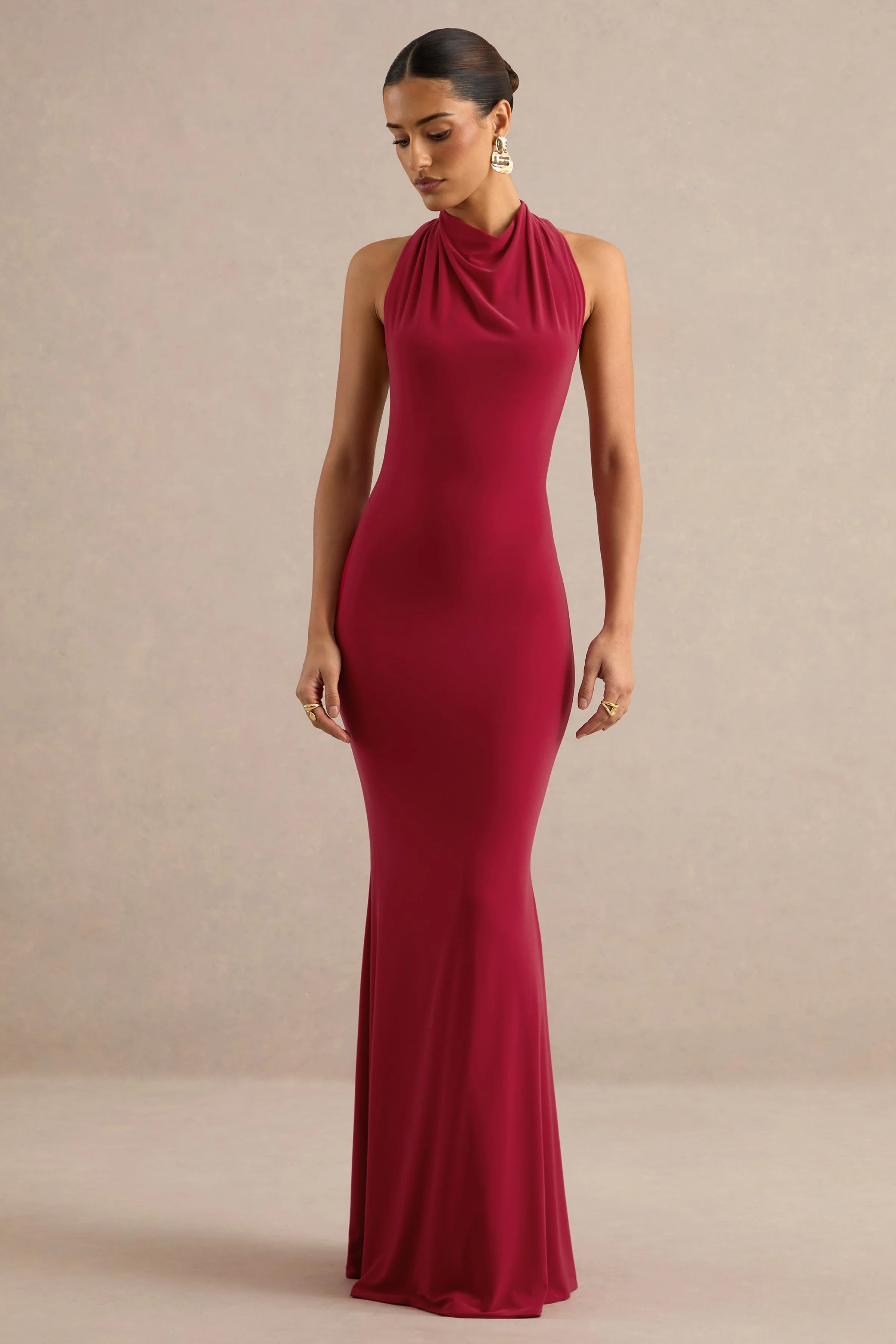 Lyrielle | Red Jersey High Neck Maxi Dress With Ruching And Twist Back Detail