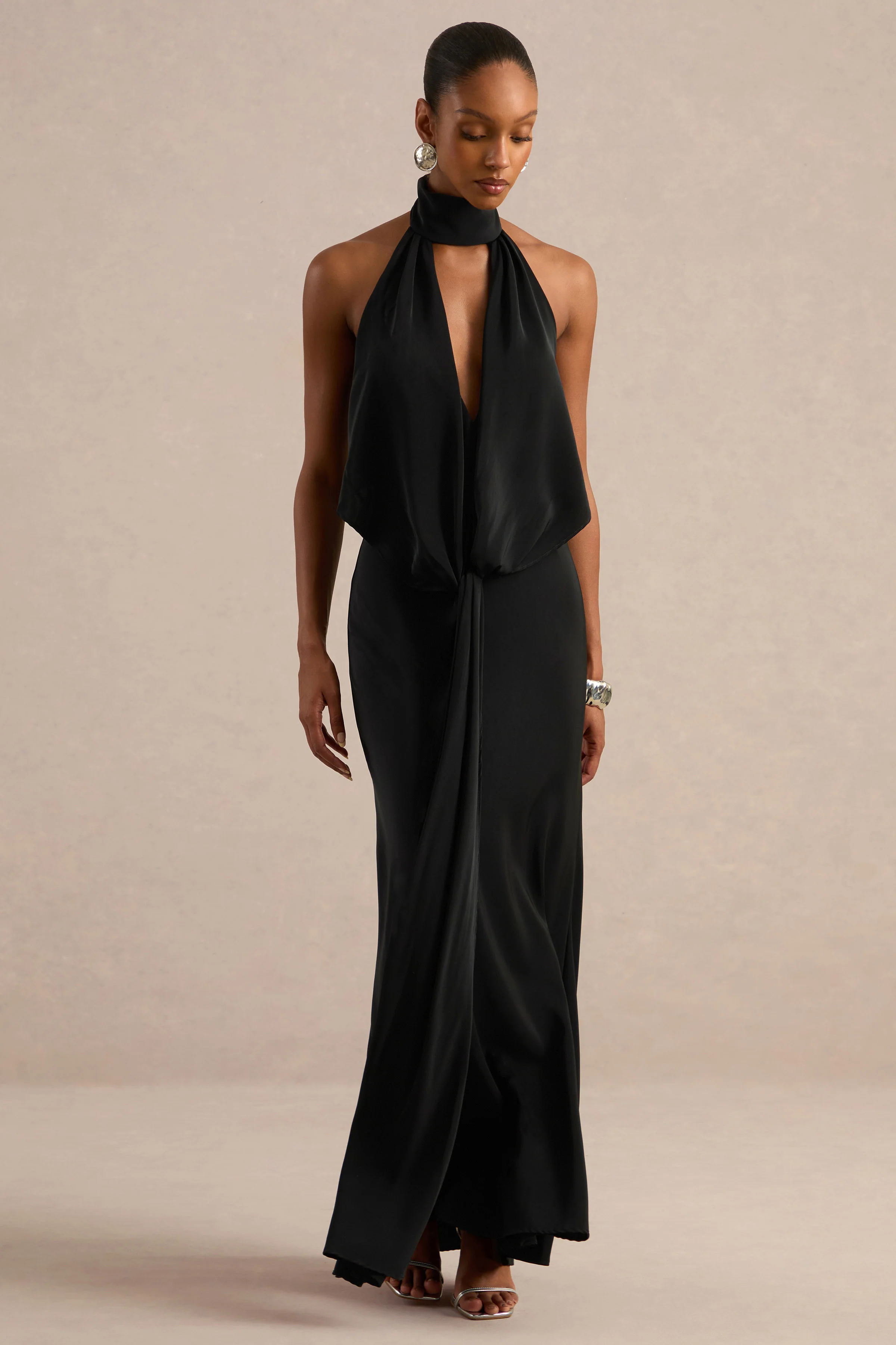 Canella | Black Satin Halter-Neck Maxi Dress With Sash-Detail