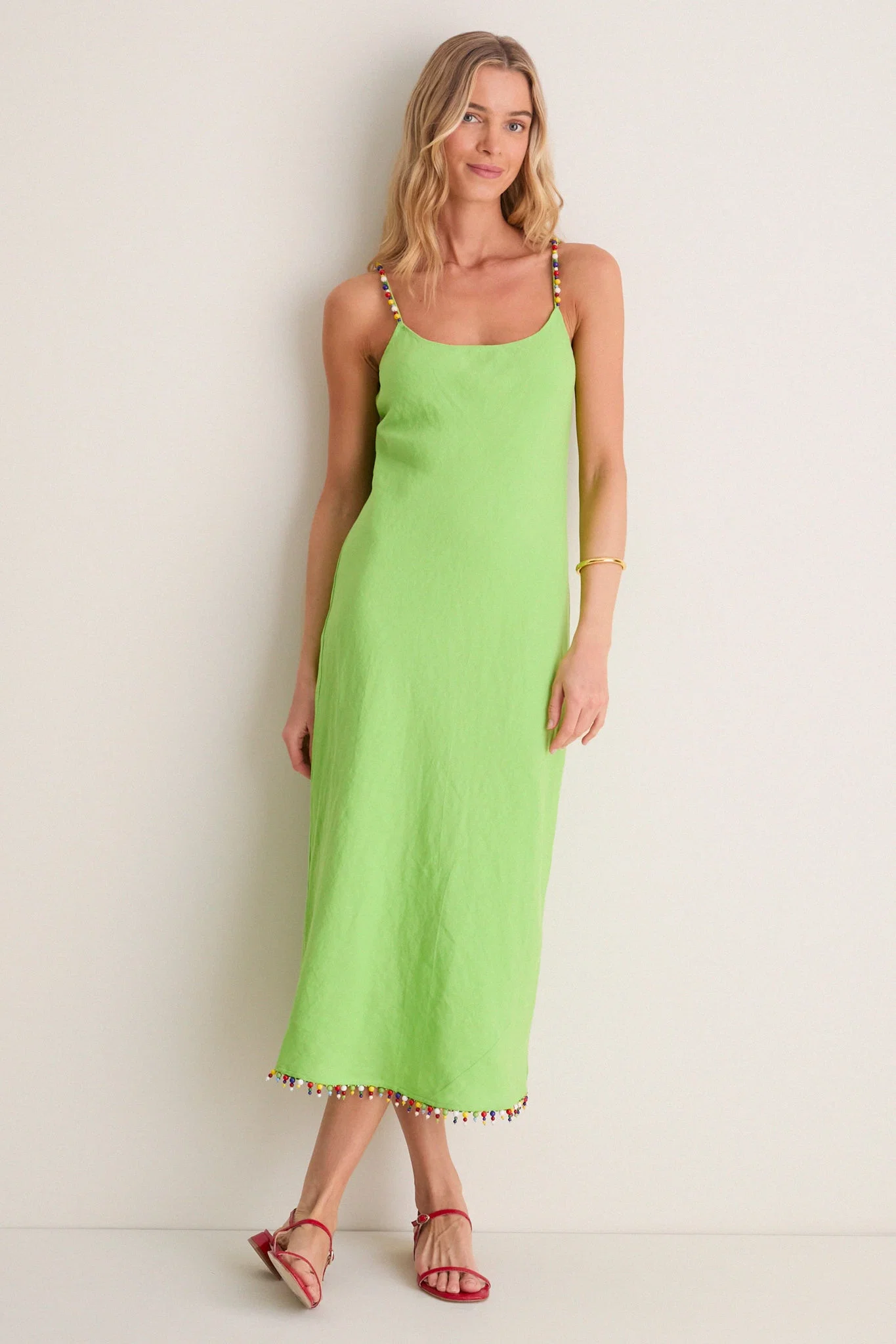 Riviera Green Linen Scoop Neck Beaded Dress