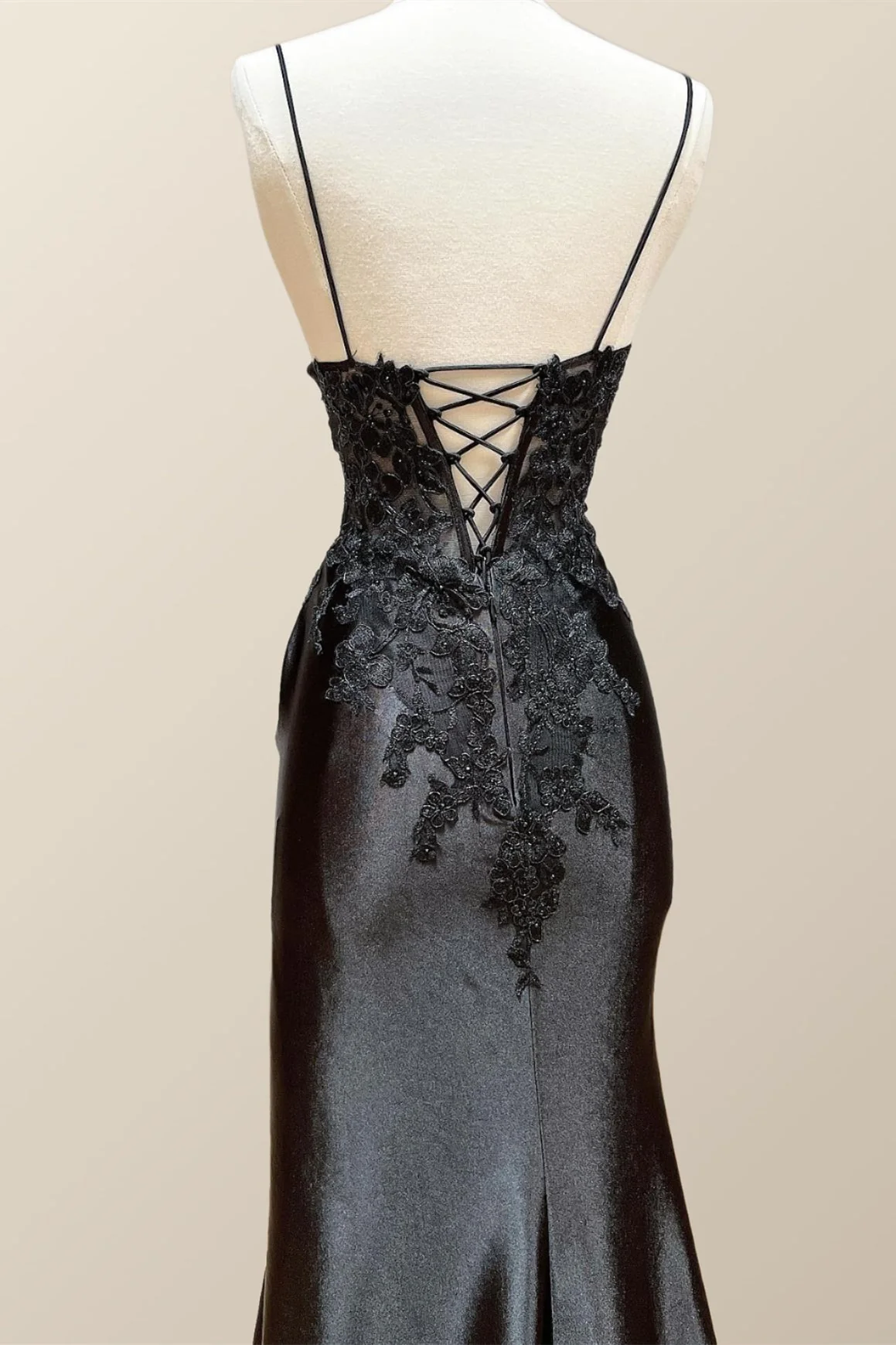 Straps Black Appliques Long Formal Dress with Slit