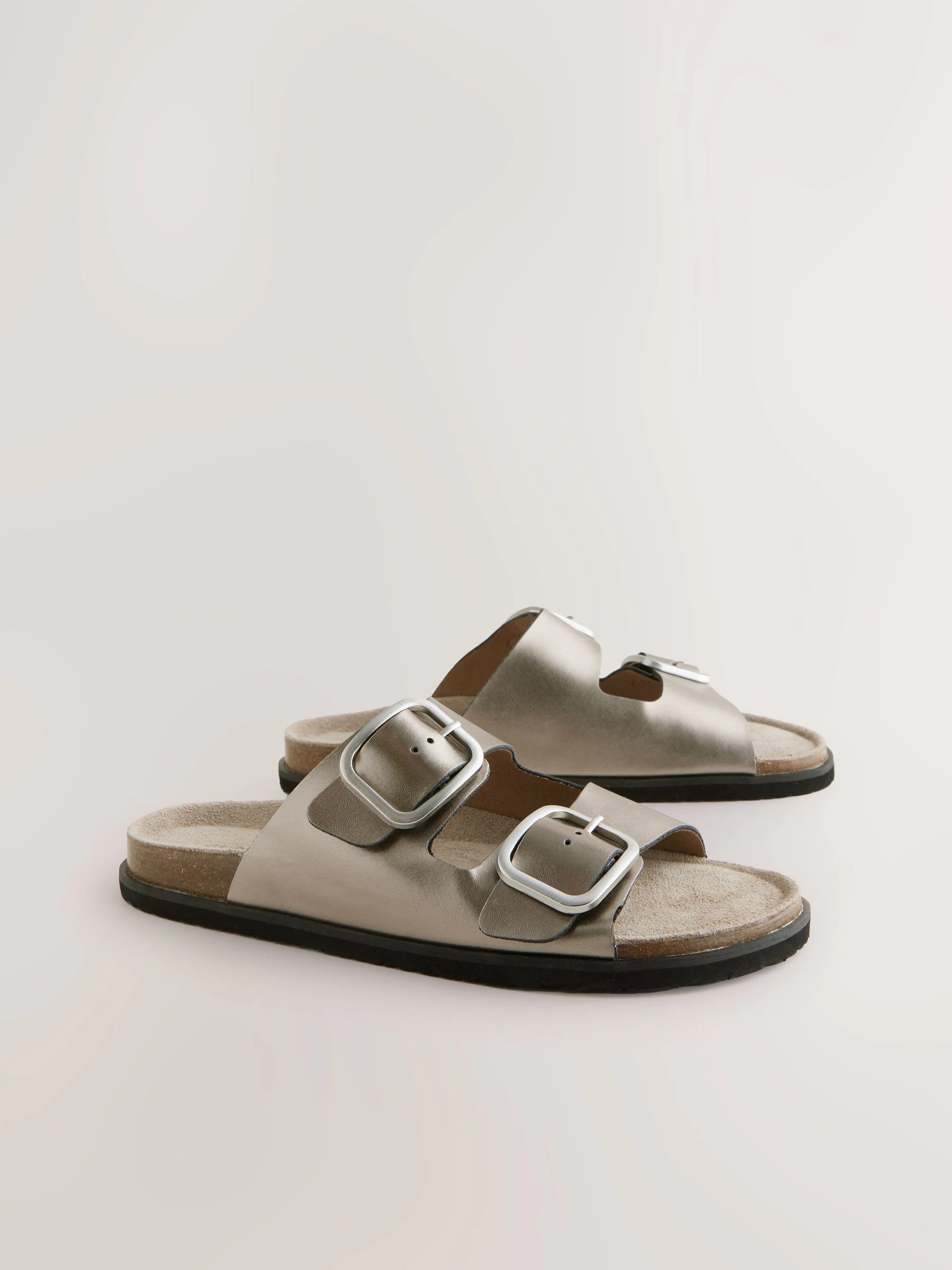 Silver Metallic Leather Standard Fit Double Strap Footbed Sandals