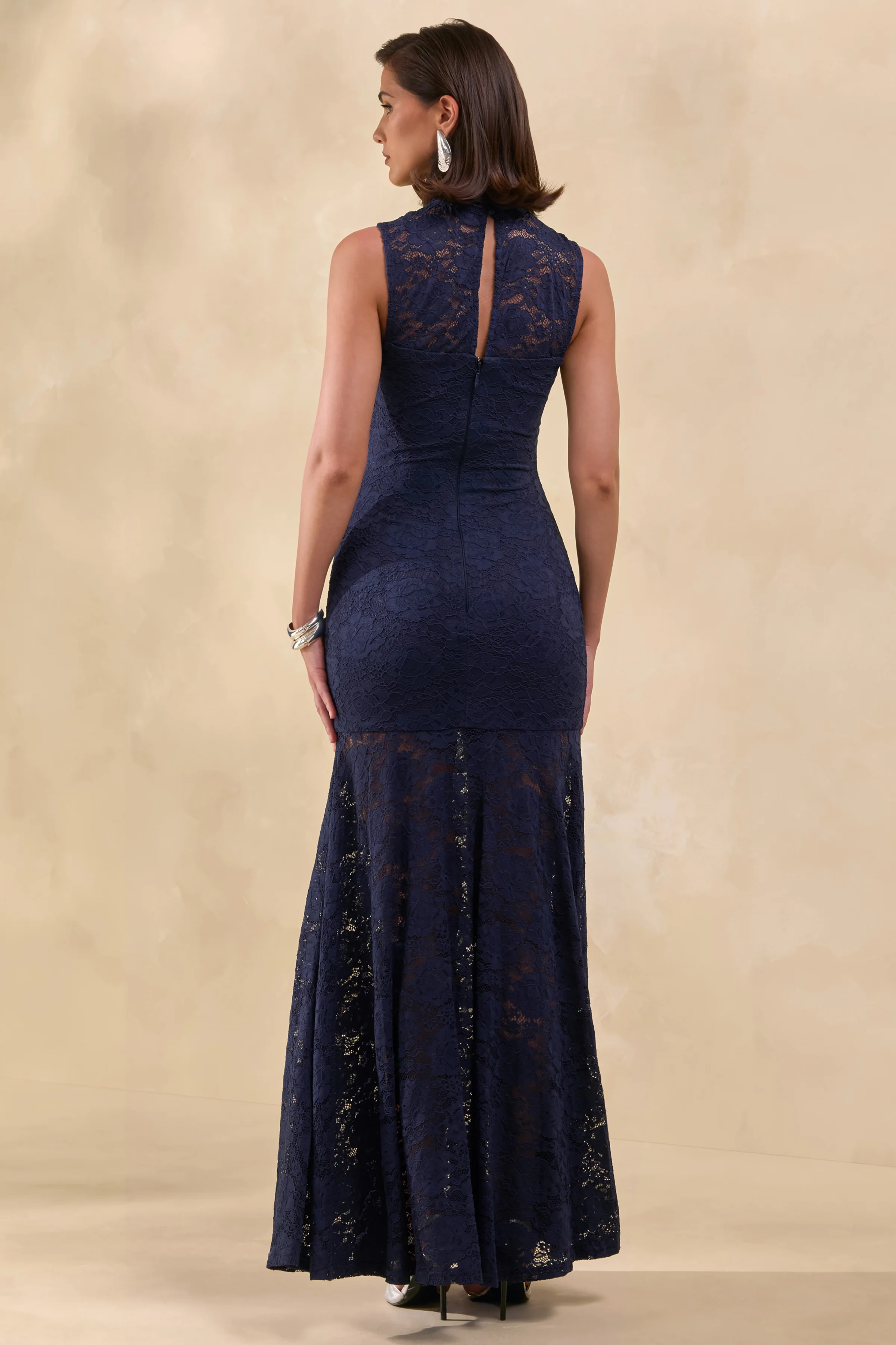 Esalyn | Navy Lace High-Neck Maxi Dress With Sheer-Skirt