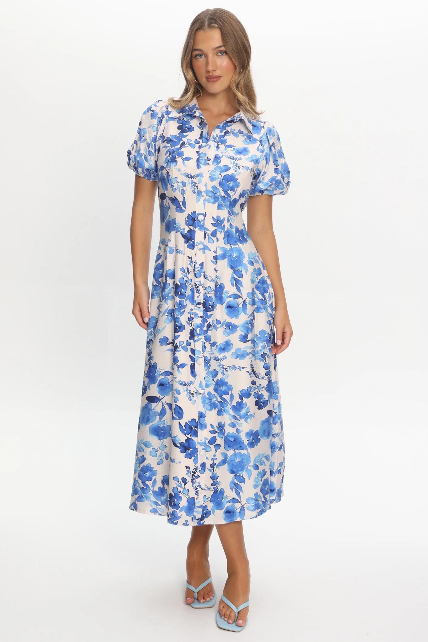 Kyrah Puff Sleeve Midi Dress Floral White