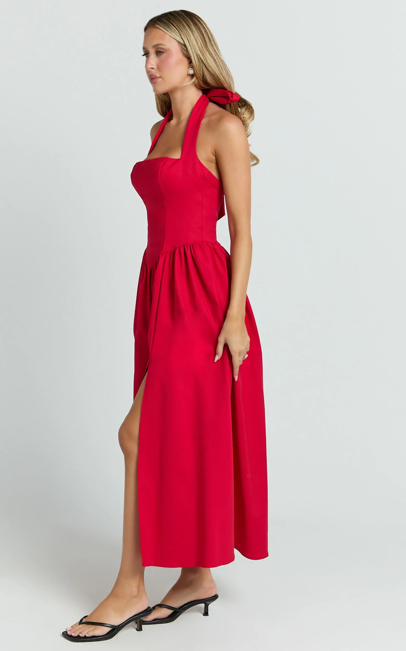 Helda Midi Dress - Halter Tie Neck Corset Panel Dress in Red