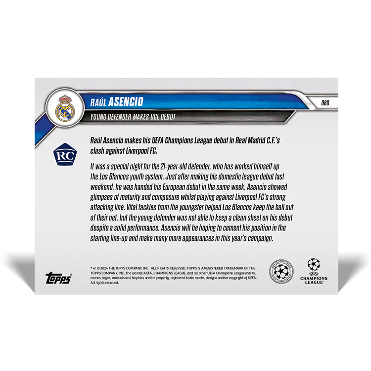 Raúl Asencio - Young defender makes UCL debut - 24/25 UCC Topps NOW® Card 60