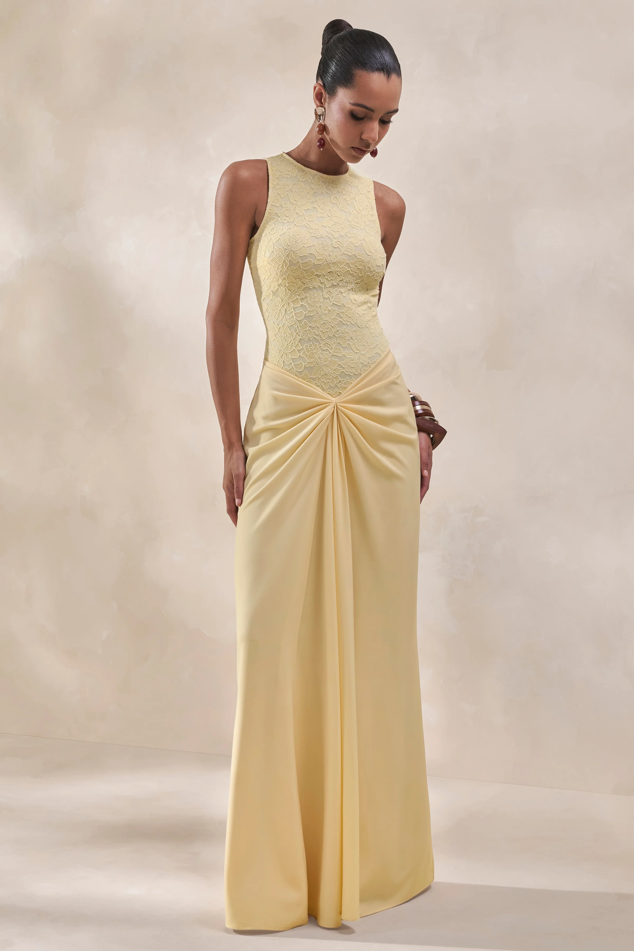 Setaria | Lemon Satin Maxi-Skirt With Gathered-Detailing And Sash