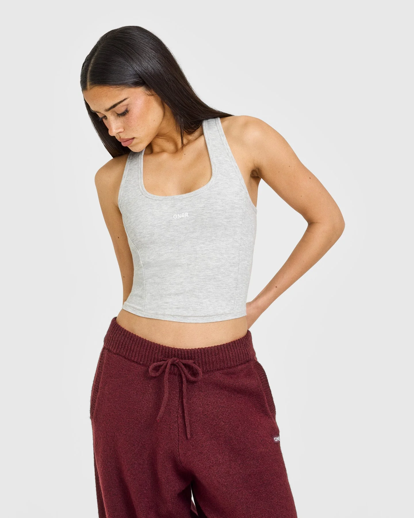 Mellow™ Rib Oner Embroidered Square Neck Mid Vest with Built in Bra Shelf | Light Grey Marl