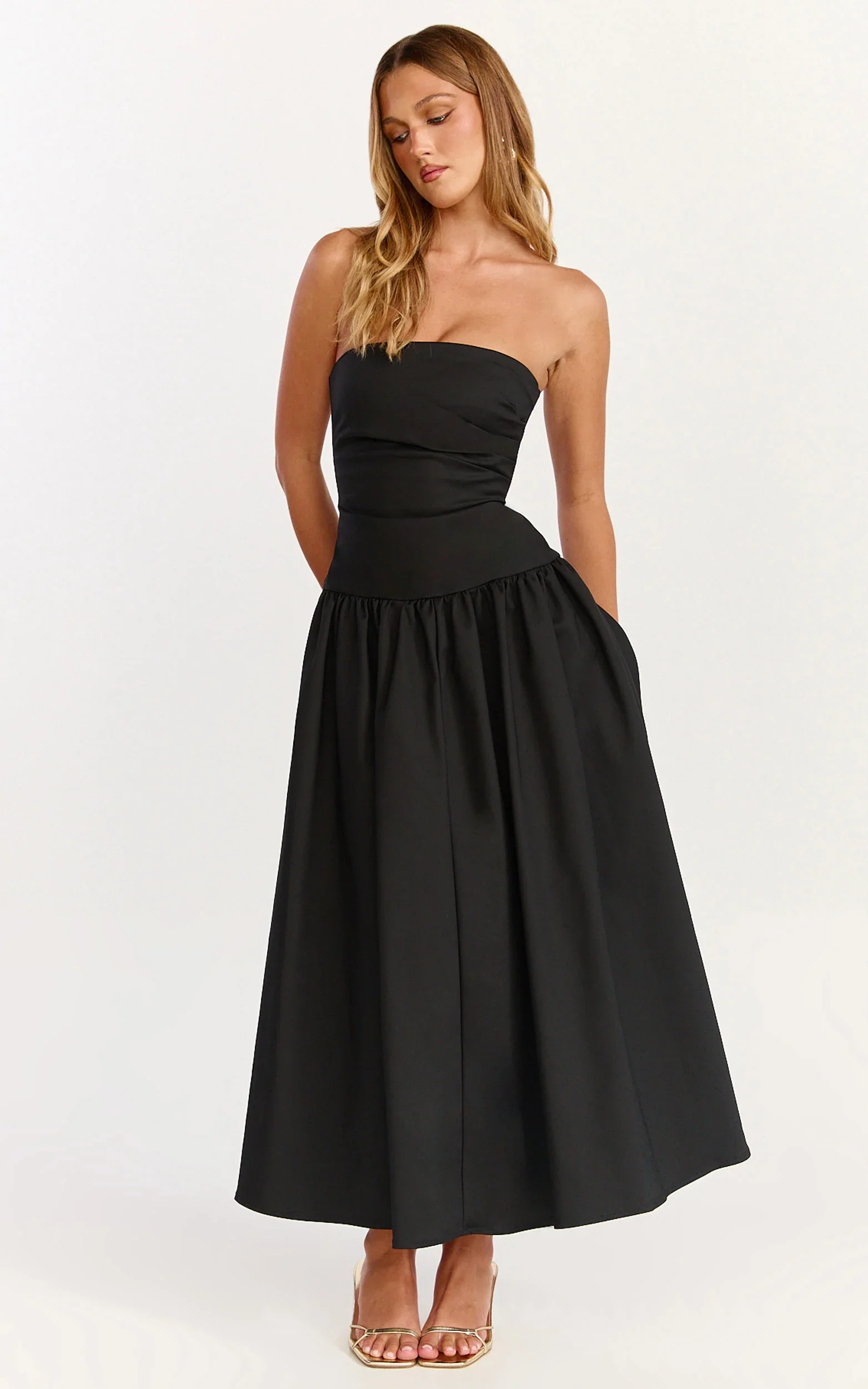 Louisa Maxi Dress - Strapless Side Ruched Dropped Waist Fit And Flare Dress in Black
