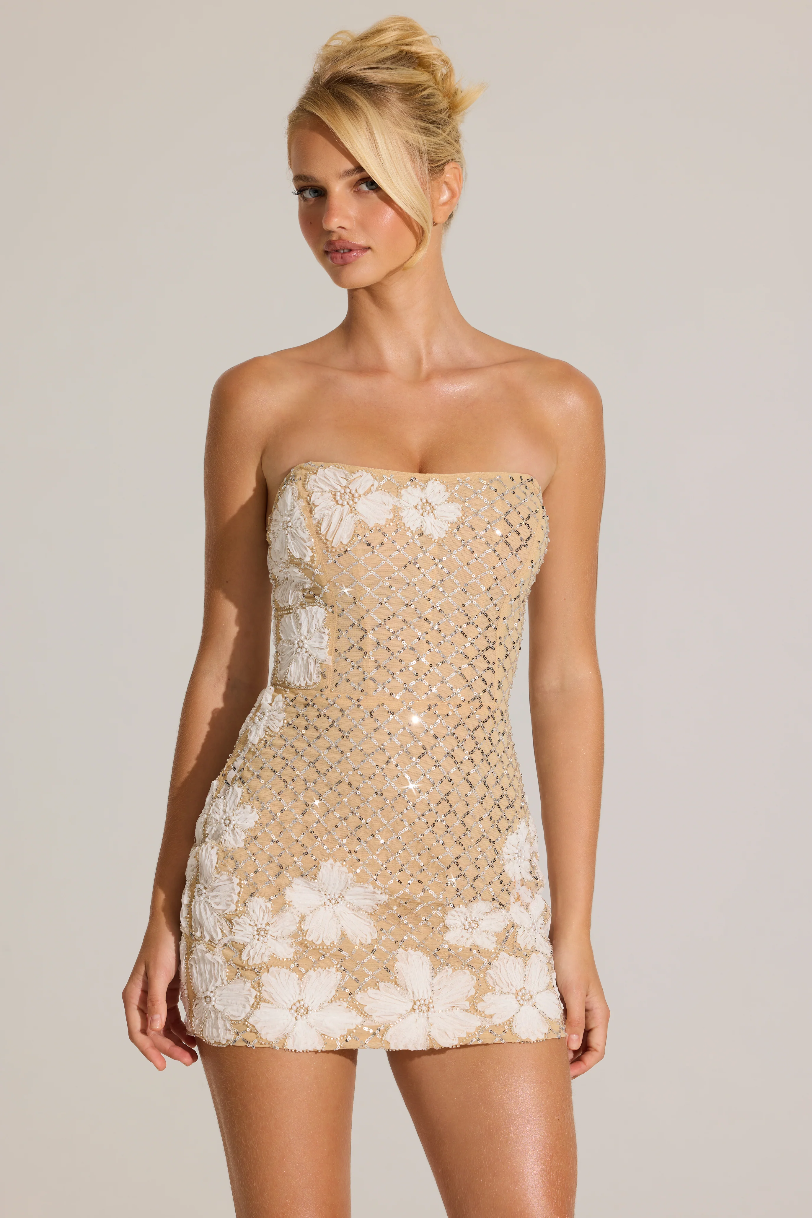 Embellished Bodycon Mini Dress in Gold