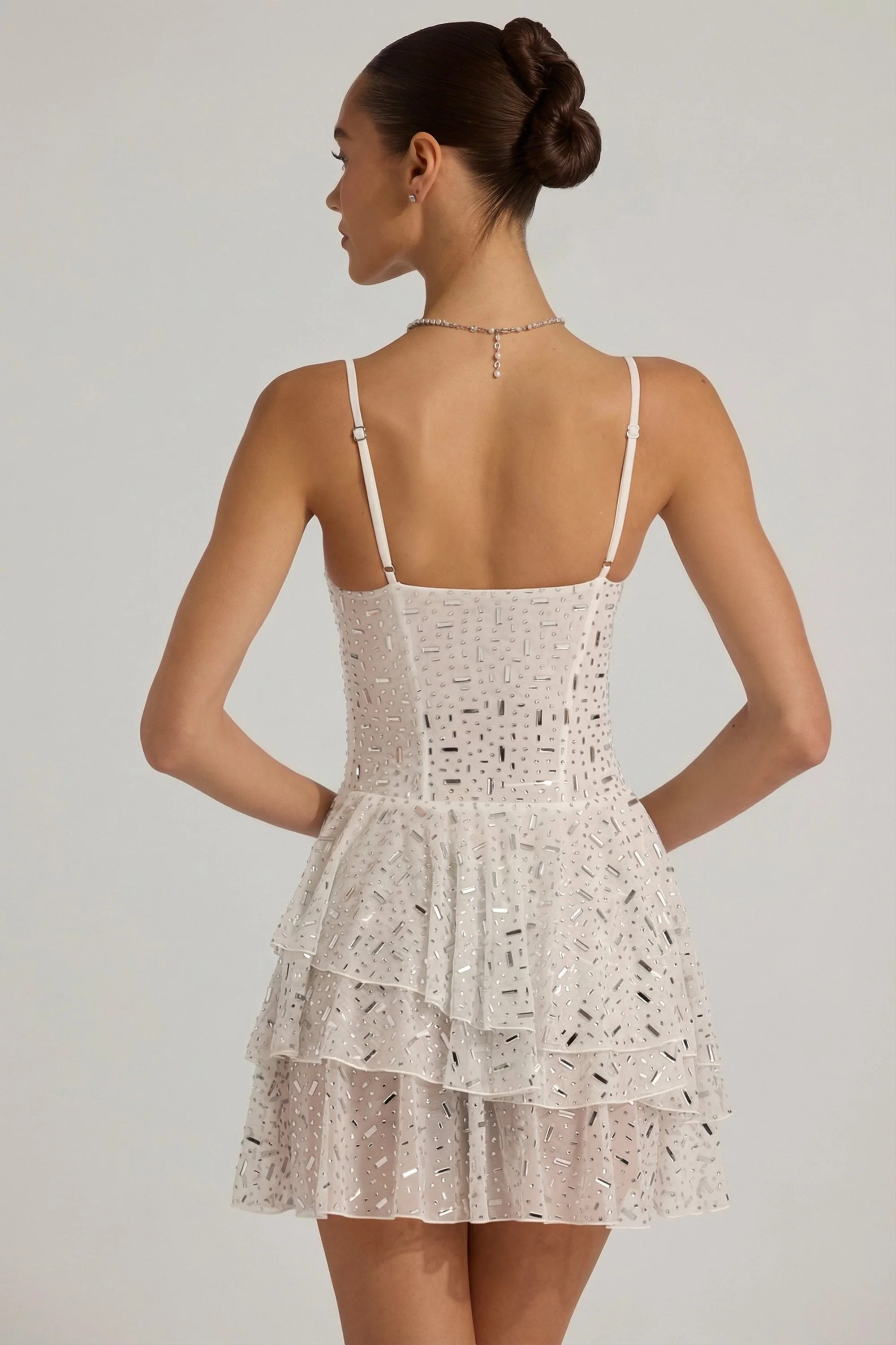 Embellished Ruffled Tiered Mini Dress in White