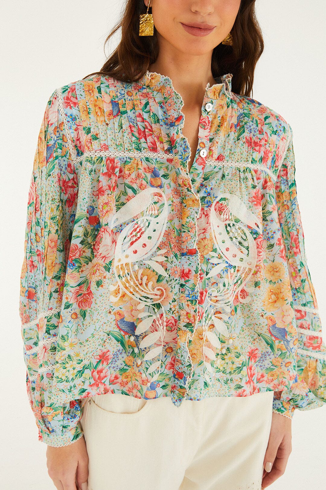 Multicolor Rendeira Cutwork Long Sleeve Blouse