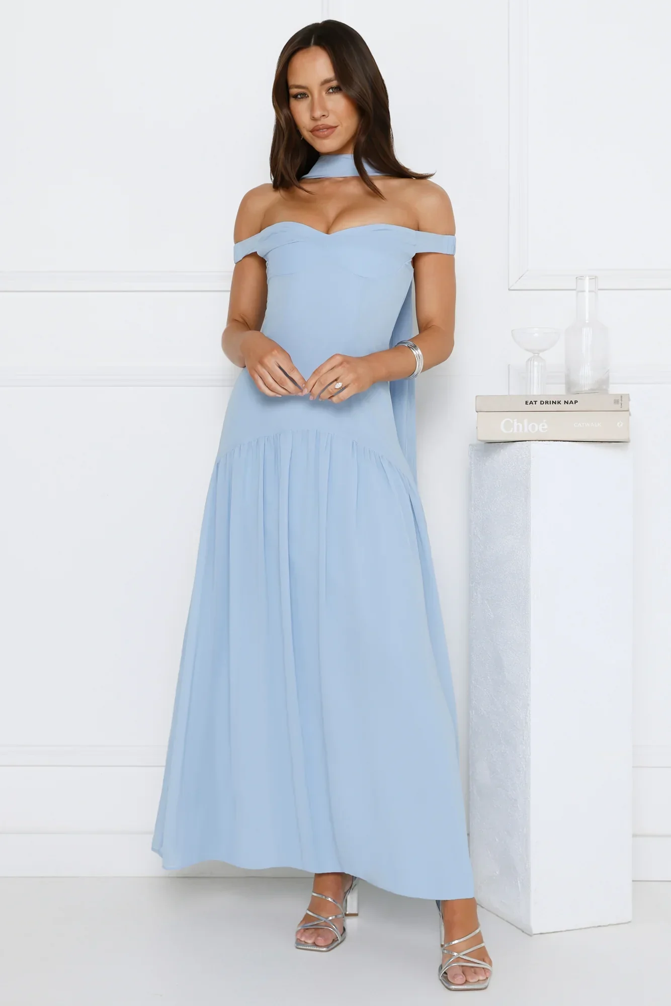 The Style Spotlight Off Shoulder Maxi Dress Blue