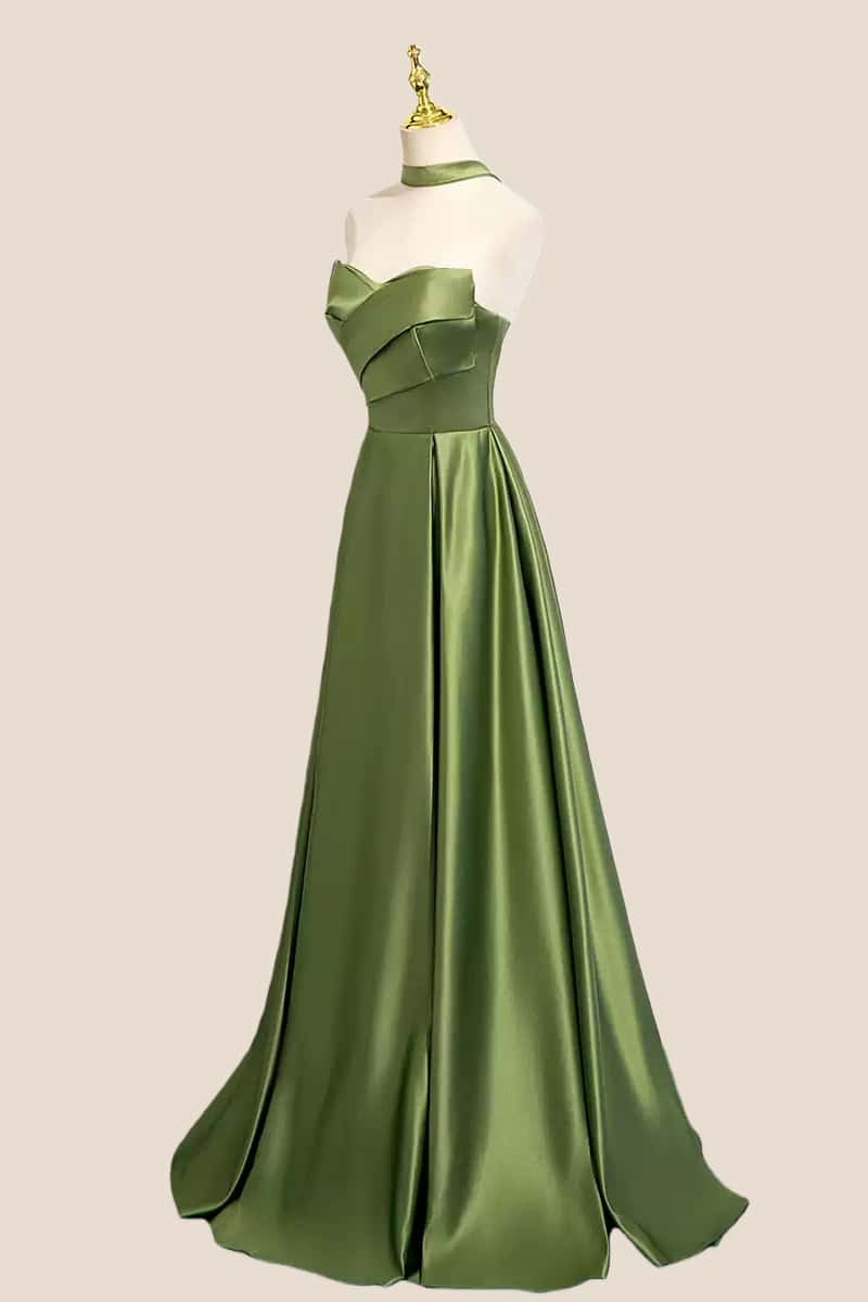 Green Satin Ruched A-line Long Formal Dress