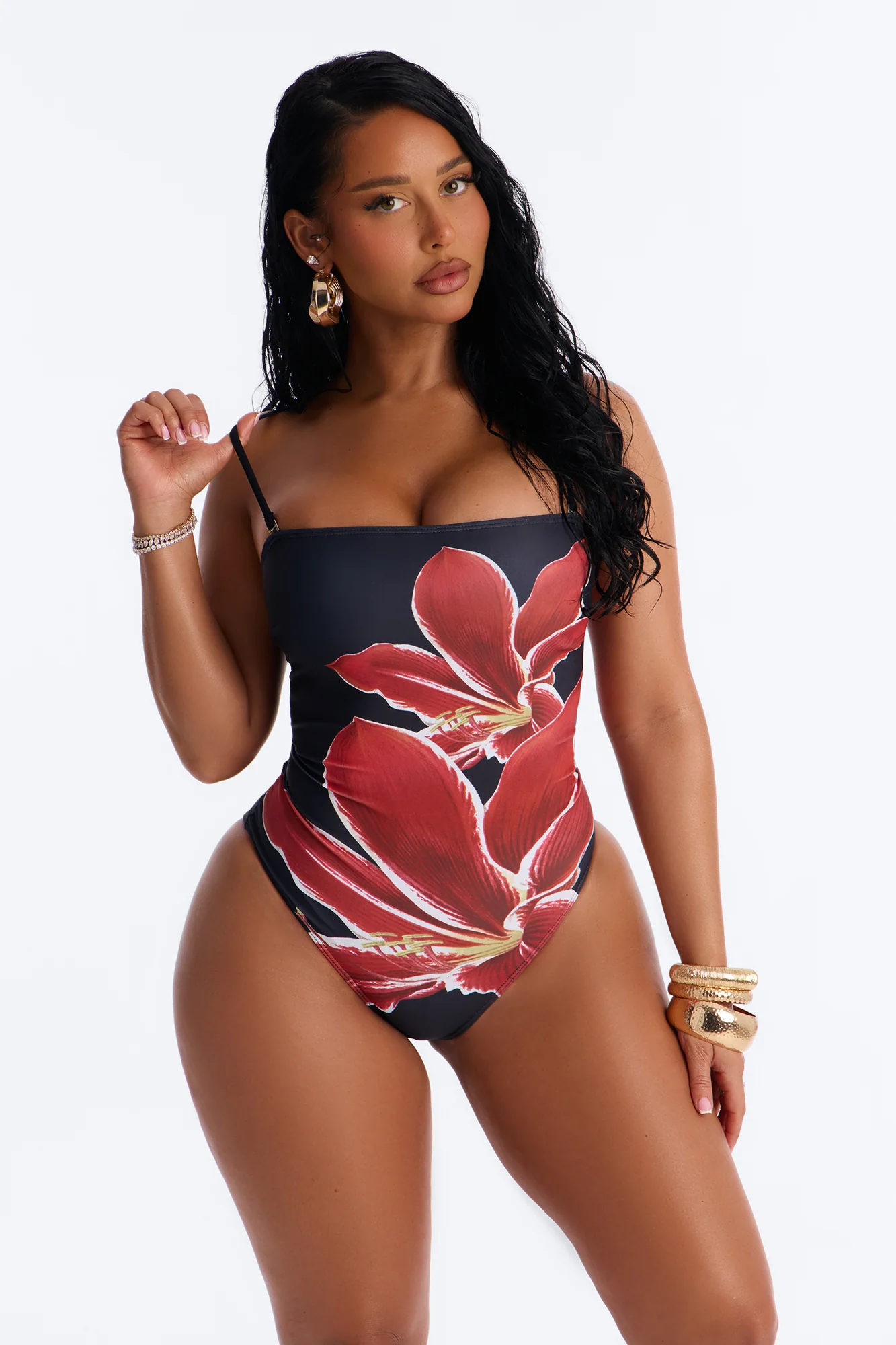 Nelissa Floral 1 Piece Strapless Swimsuit - Black/Red