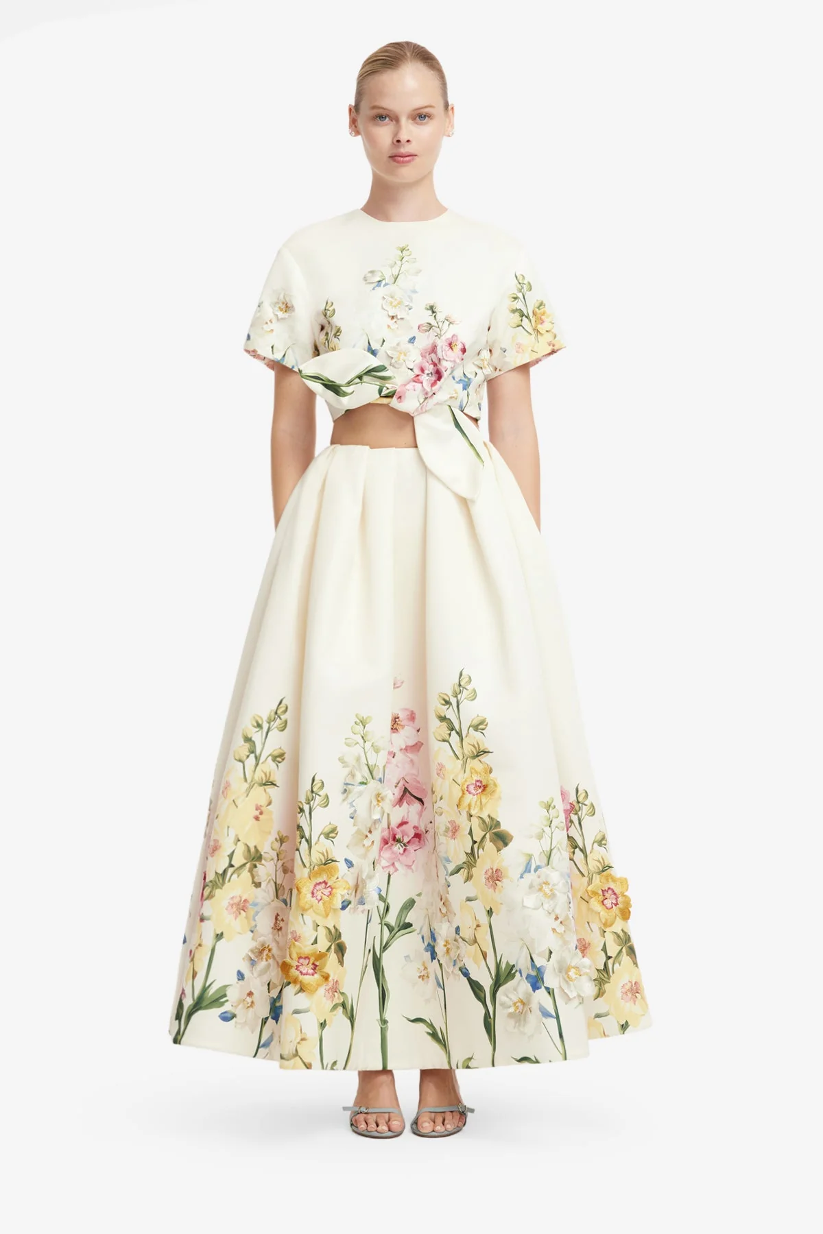 Victoria Embroidered Puff Maxi Skirt - Snapdragon Print in Snow