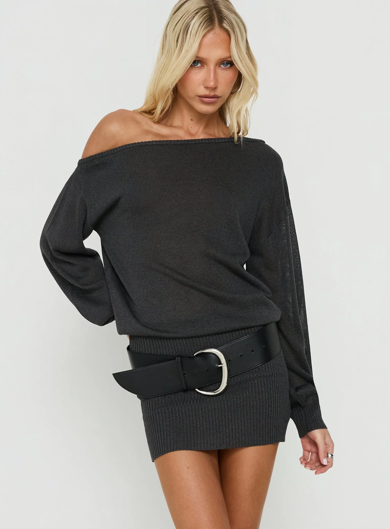 Johannah Off Shoulder Long Sleeve Knit Mini Dress Dark Grey