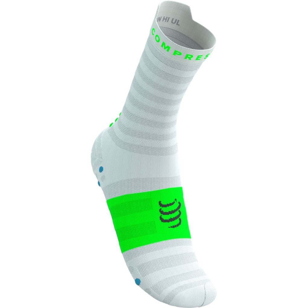 Compressport Pro Racing Compression Socks v4.0 Ultralight Run High - white/norse blue/neon green