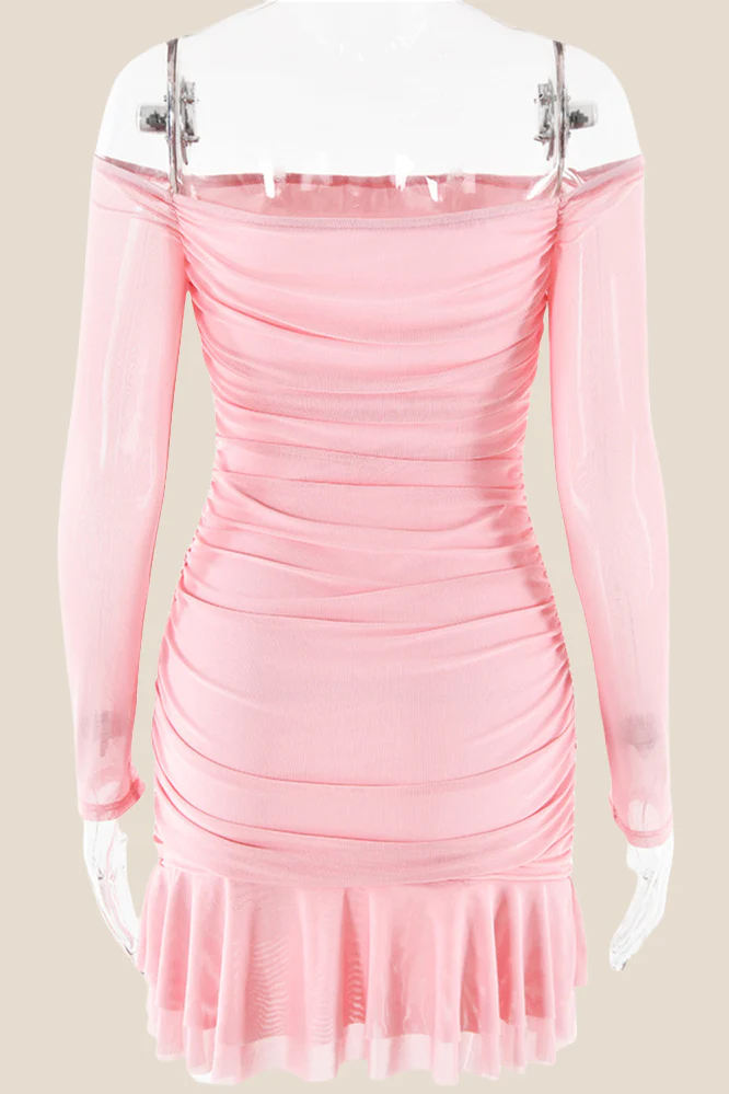 Off the Shoulder Pink Ruffle Hem Short Dress