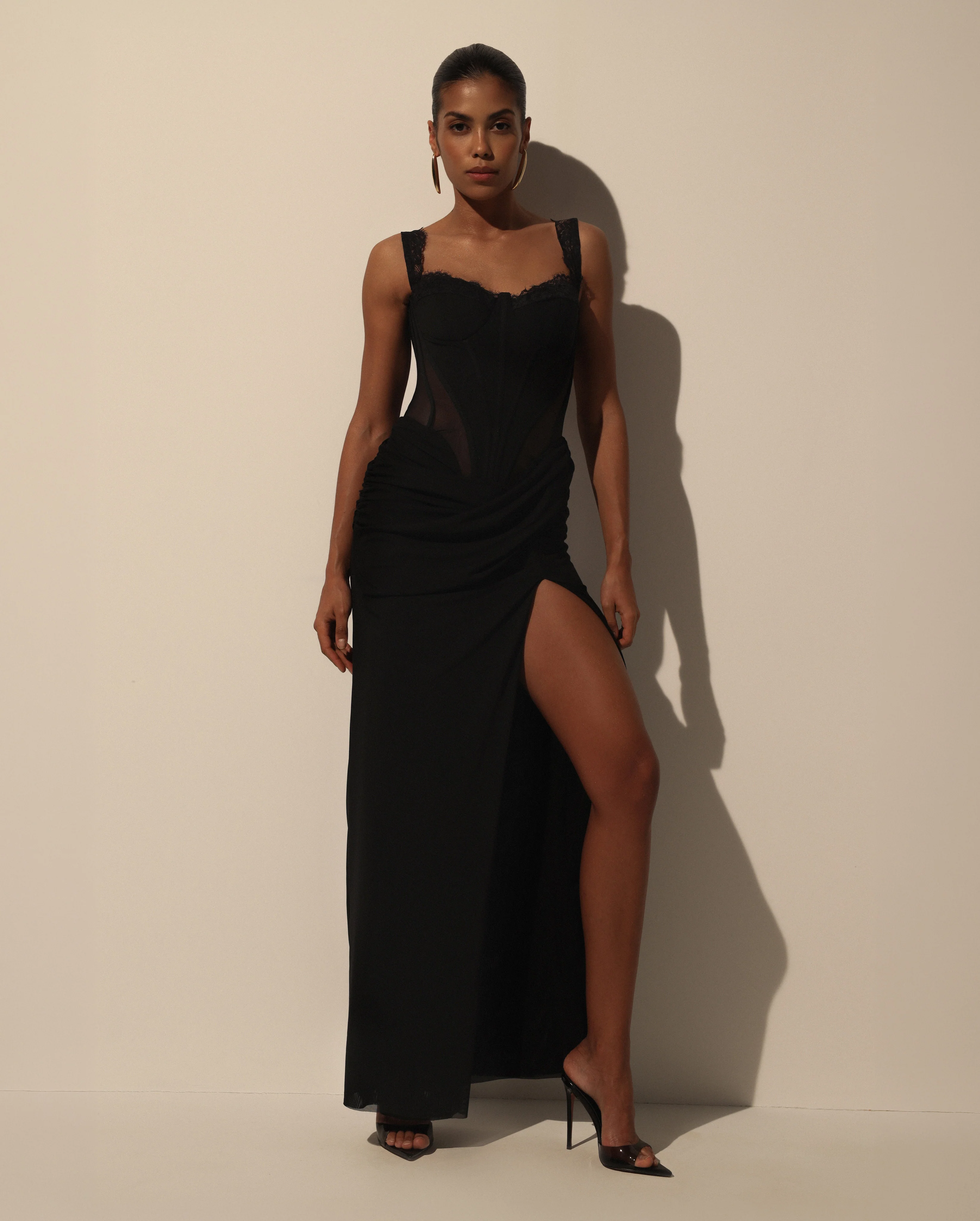 Black Maxi Dress with Corset Bodice and Slit