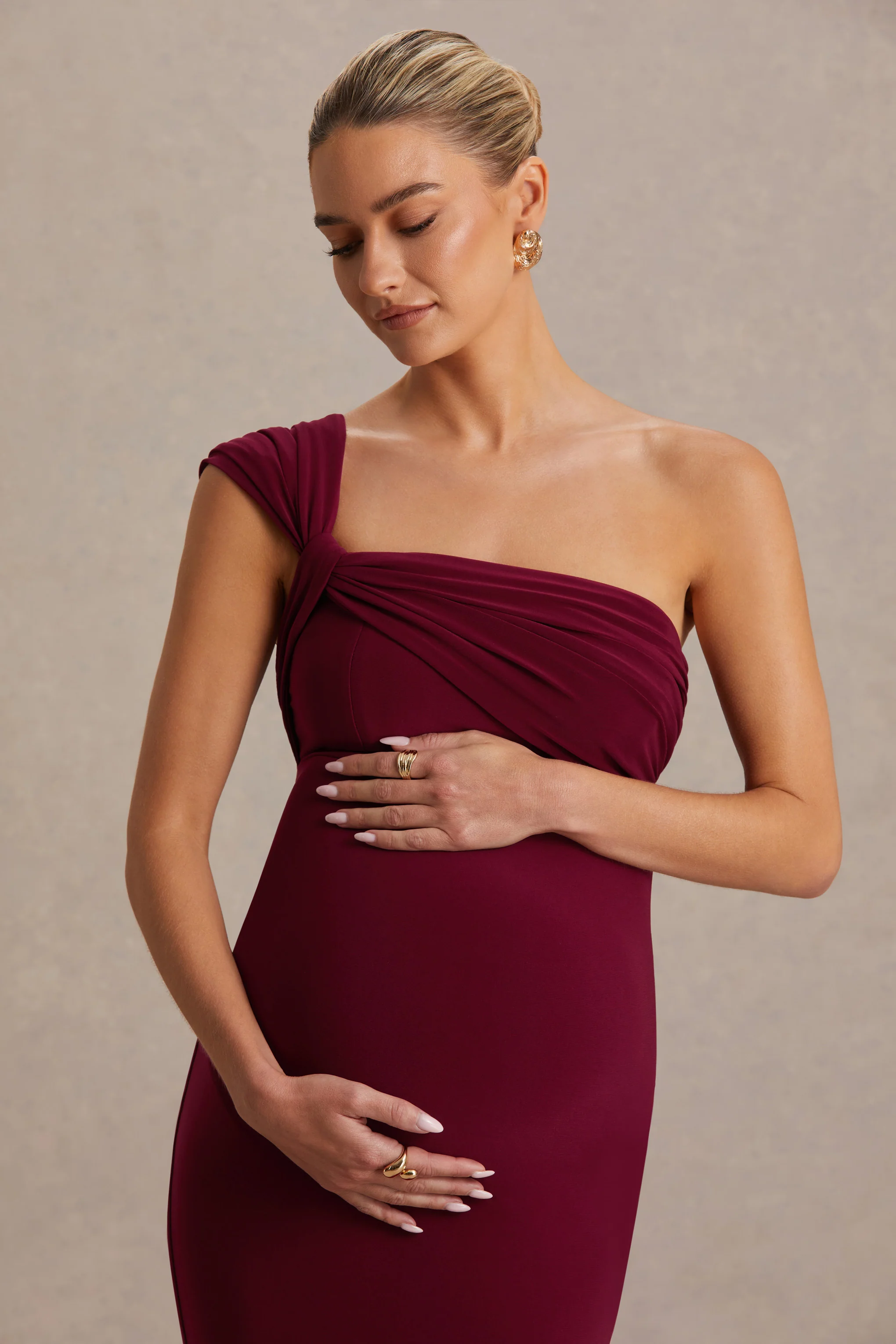 Mila | Burgundy Asymmetric-Neck Maternity Maxi Dress