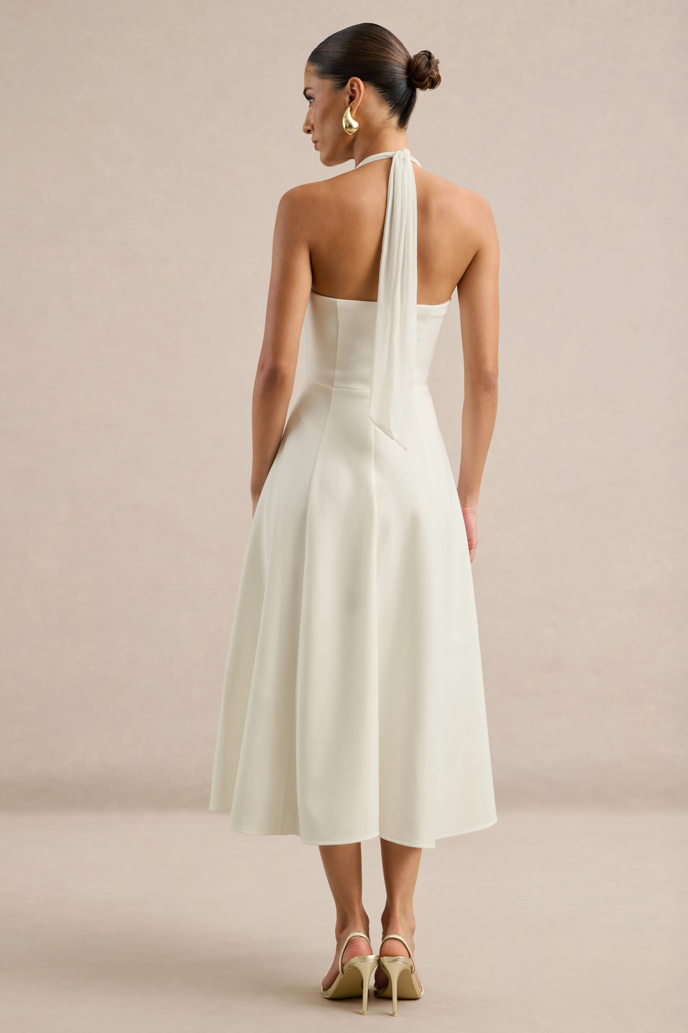 Auburn | White Halter A-Line Midi Dress With Mesh Tie Back Detailing