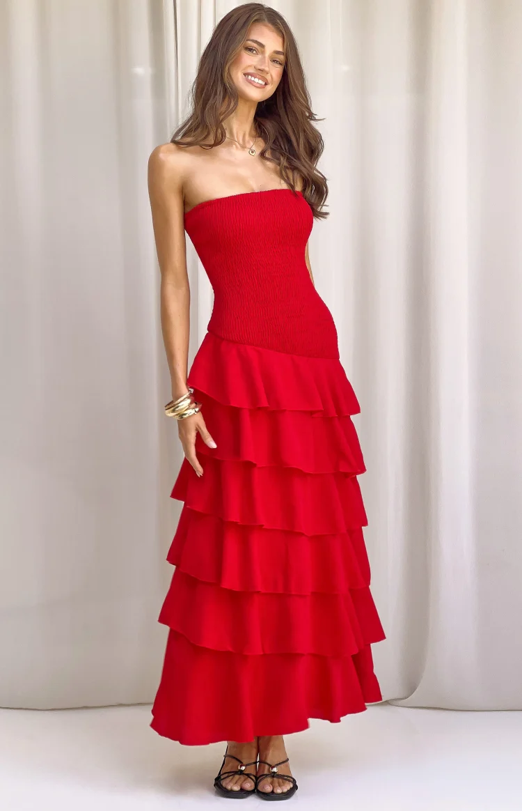 Riles Red Strapless Ruffle Maxi Dress