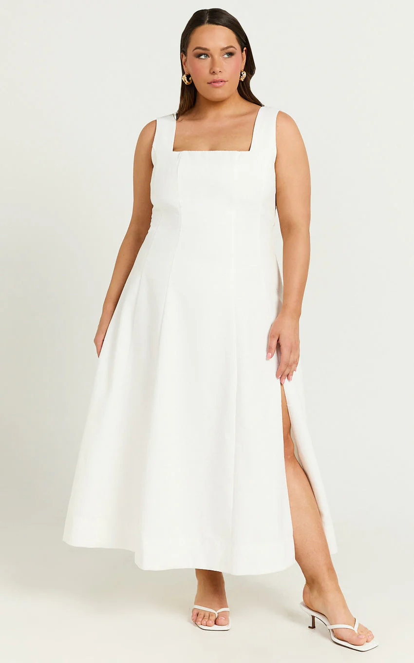 Walters Midi Dress - Square Neck Shirred Back Fit and Flare Panel Dress in White