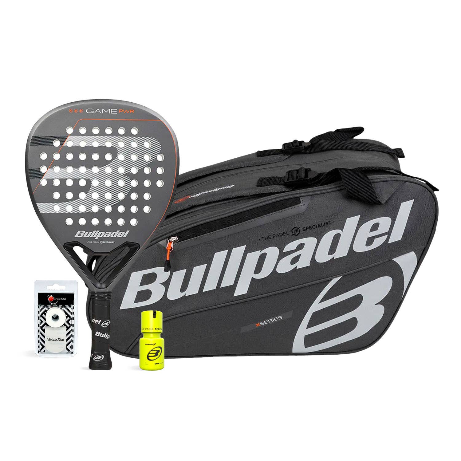 BULLPDEL GAME PACK PWR GREY PADELBAG GREY ORANGE DRY GRIP