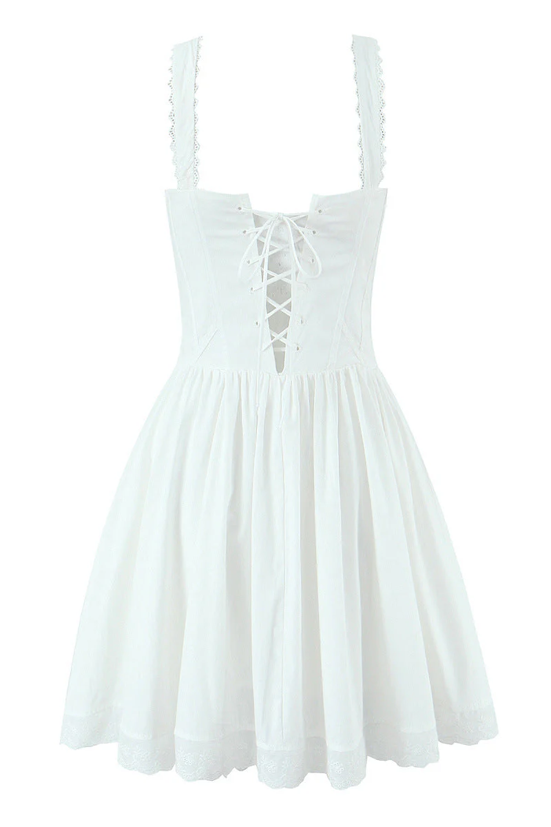 Square Neck White Lace Hem Short Dress