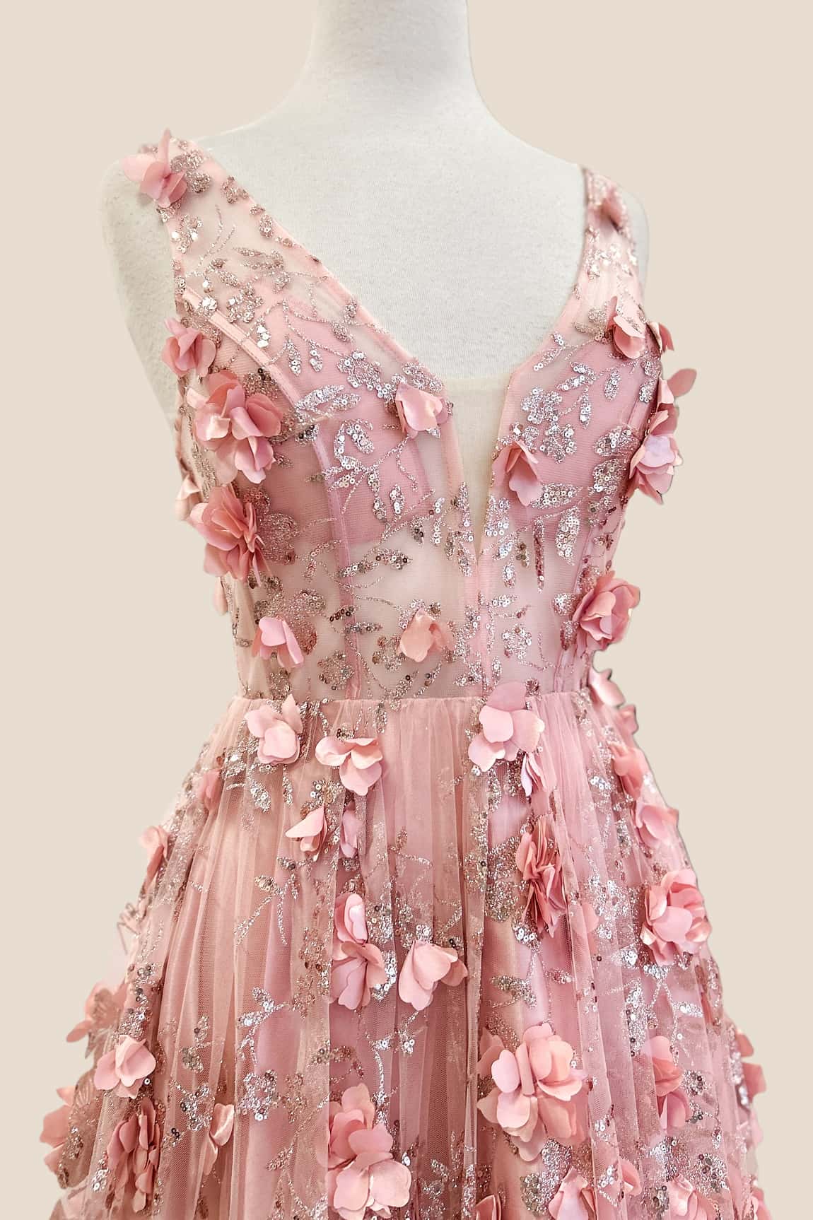 Pink 3D Floral A-line Long Princess Dress