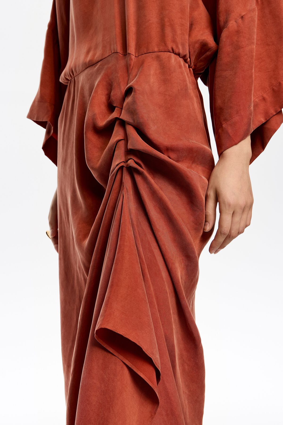 Burnt orange fluid ruffle dress