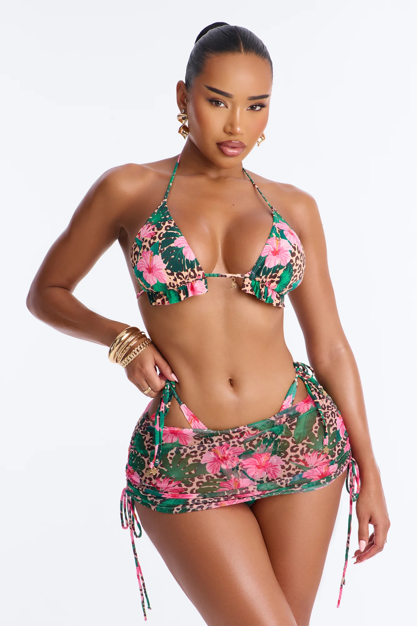 Beach Me Up 3 Piece Bikini & Mini Skirt Set - Green/combo