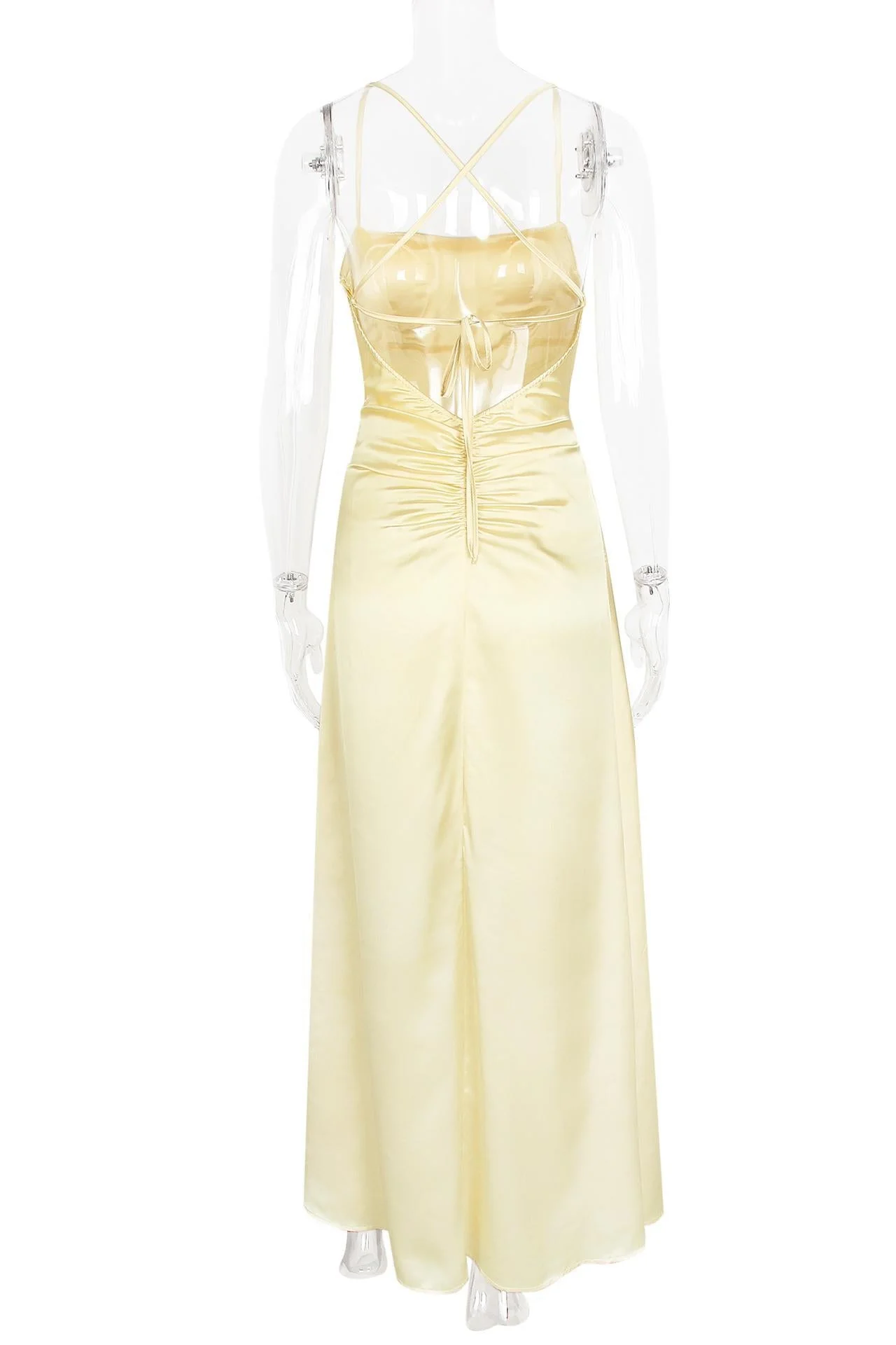 Spaghetti Straps Yellow Back Tie Long Dress