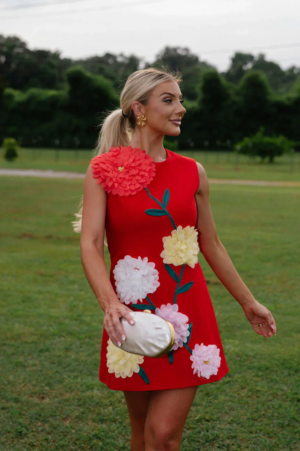 Floral Embroidered Mini Dress-Red