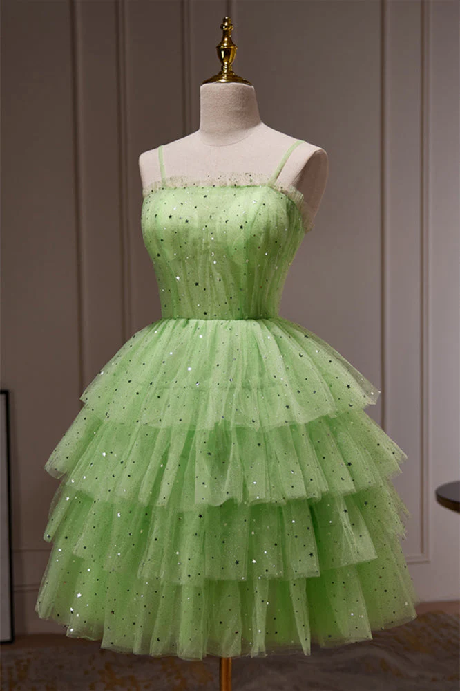 Green Stars Tulle Ruffle A-line Short Party Dress