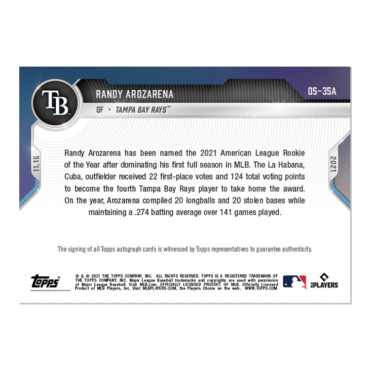 On-Card Auto # to 99 - Randy Arozarena - 2021 MLB TOPPS NOW® Card OS-35A