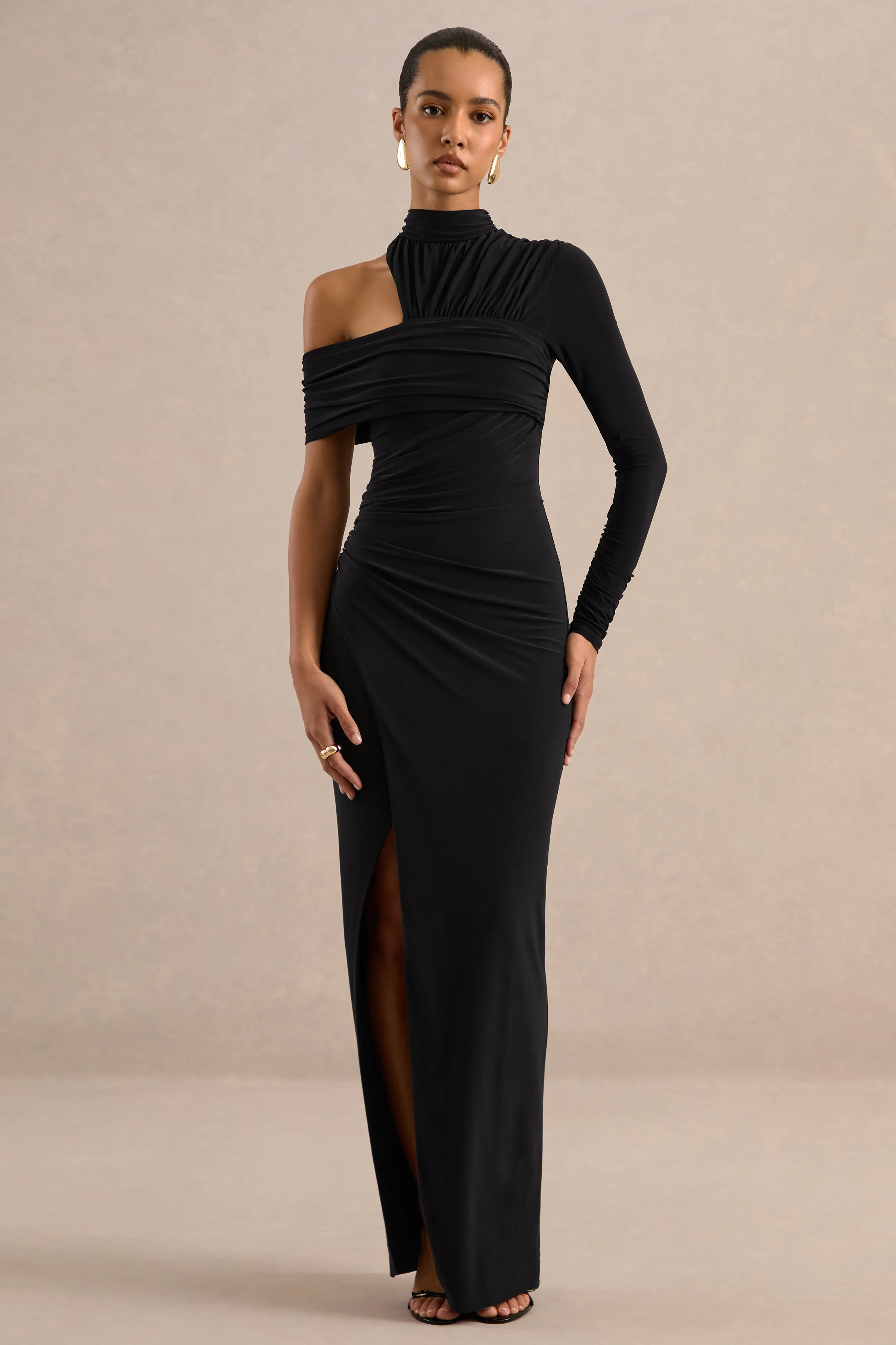 Valeska | Black Jersey Ruched High Neck Long Sleeve Maxi Dress With Split