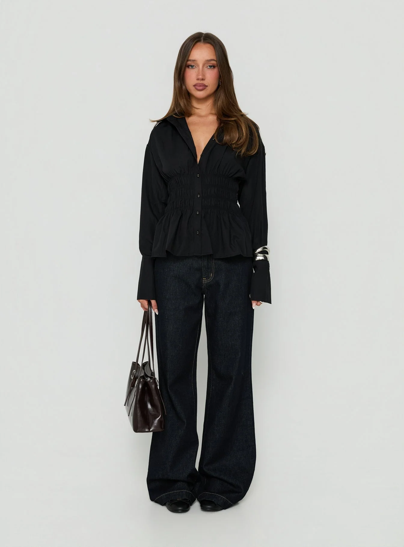 As You Are Shirred Button Up Top Black