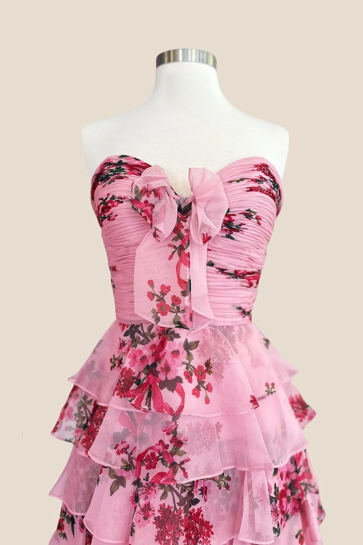 Pink Floral Strapless Ruched Short Ruffle Dress