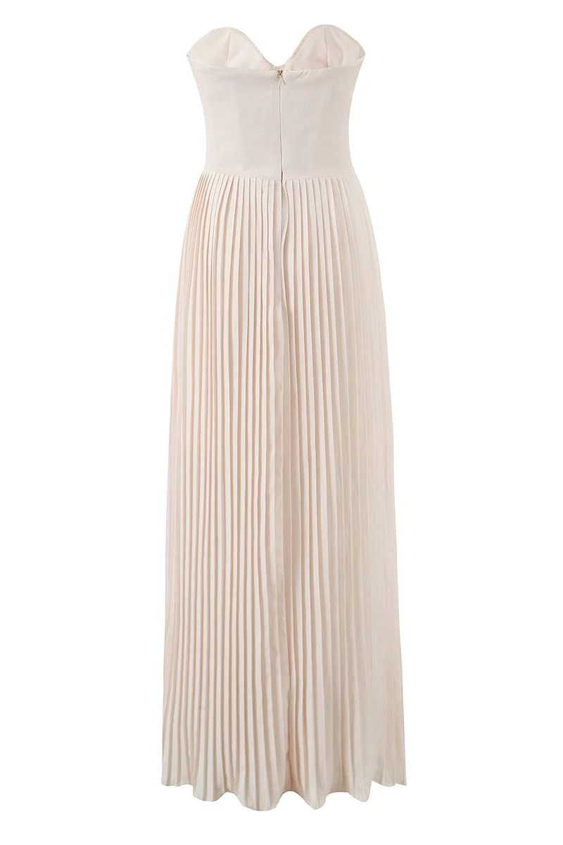 Beige Strapless Pleated Maxi Dress