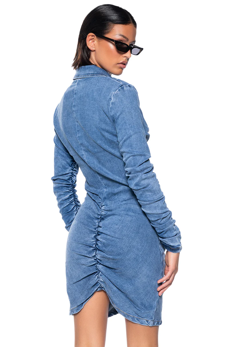 Flex Fit Ruched Button Down Long Sleeve Mini Dress