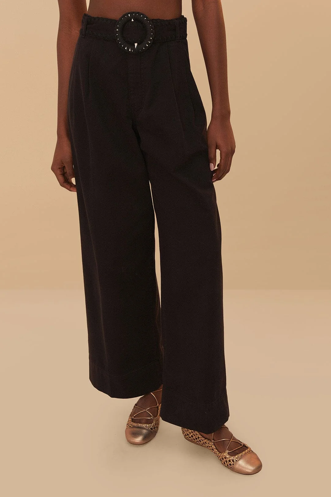 Black Twill Belted Wide Pants