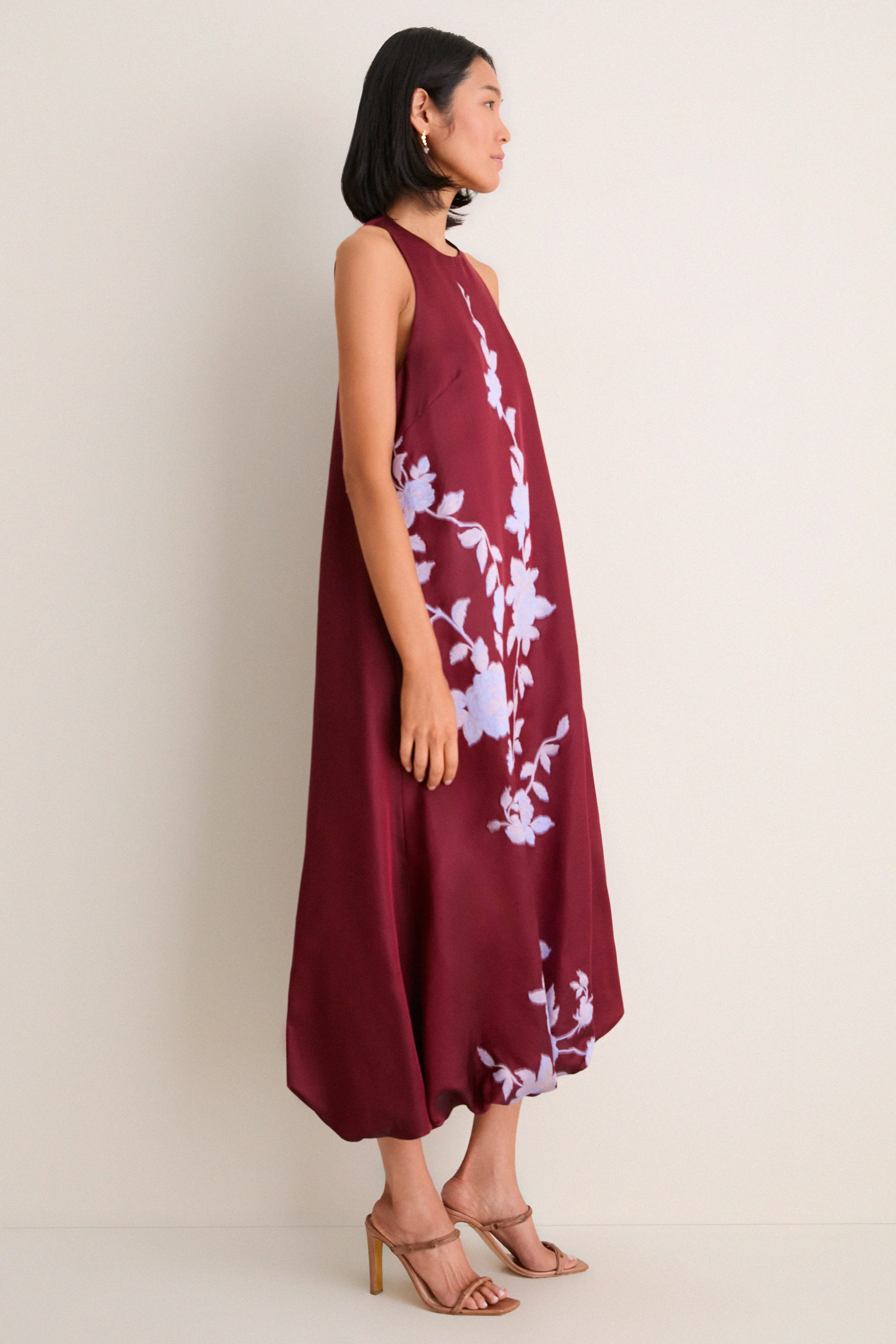 Oxblood and Lavendar Rose Fil Coupe Bubble Hem Dress