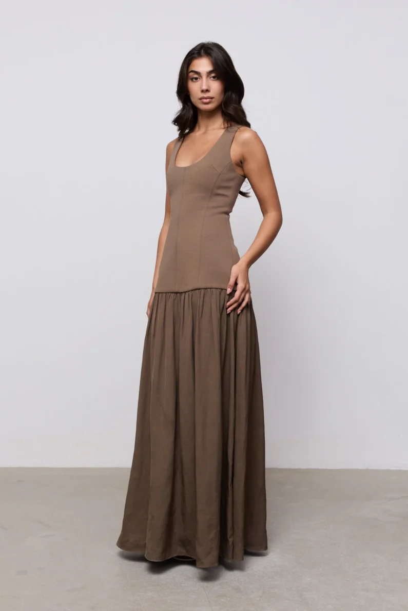 Linen Mix Dropped Waist Maxi Dress