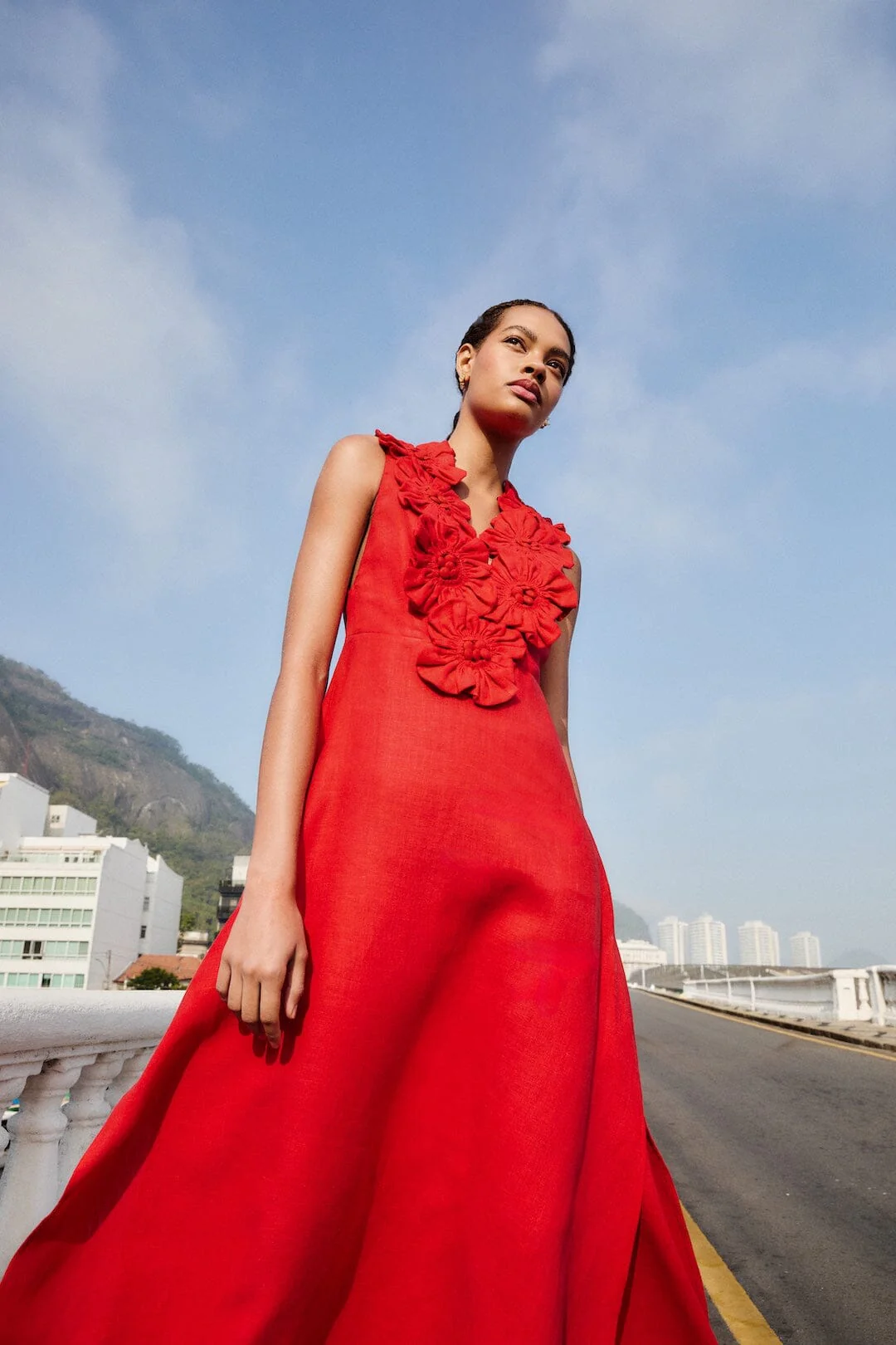 Red 3d Flower Maxi Dress