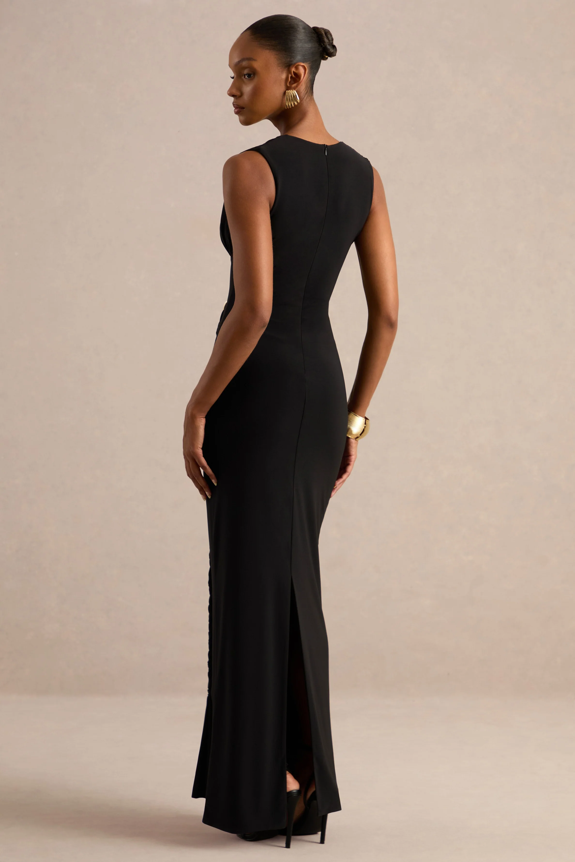 Nalina | Black Jersey Ruched Plunge Maxi Dress With Gold Trim And Braided Sash Detailing