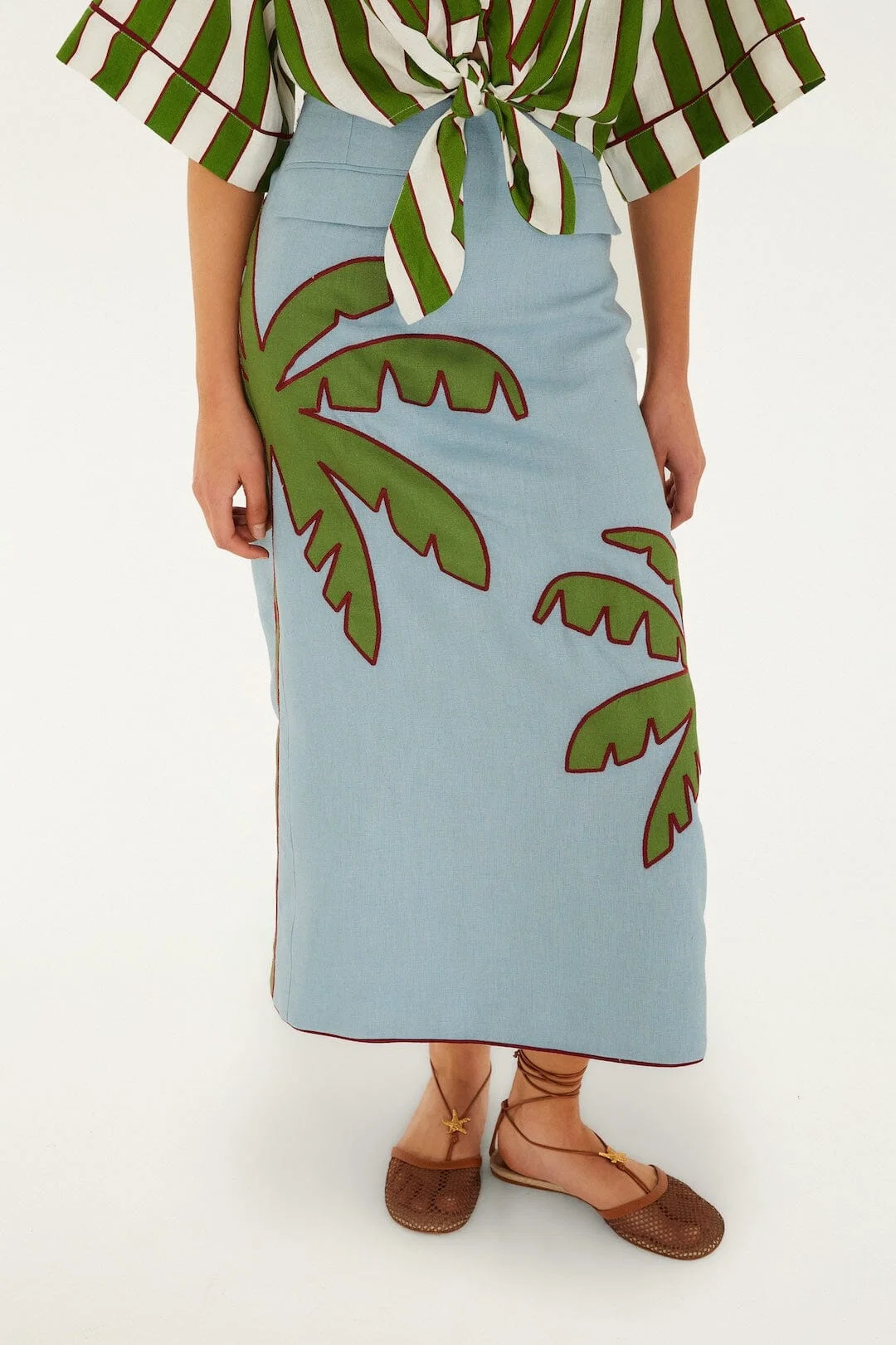 Blue Embroidered Palm Tree Maxi Skirt