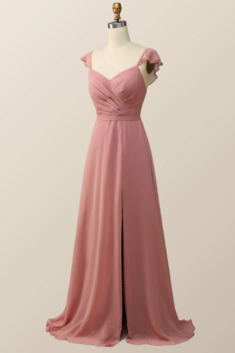 Blush Pink Ruffled Flare Sleeve Chiffon Long Bridesmaid Dress