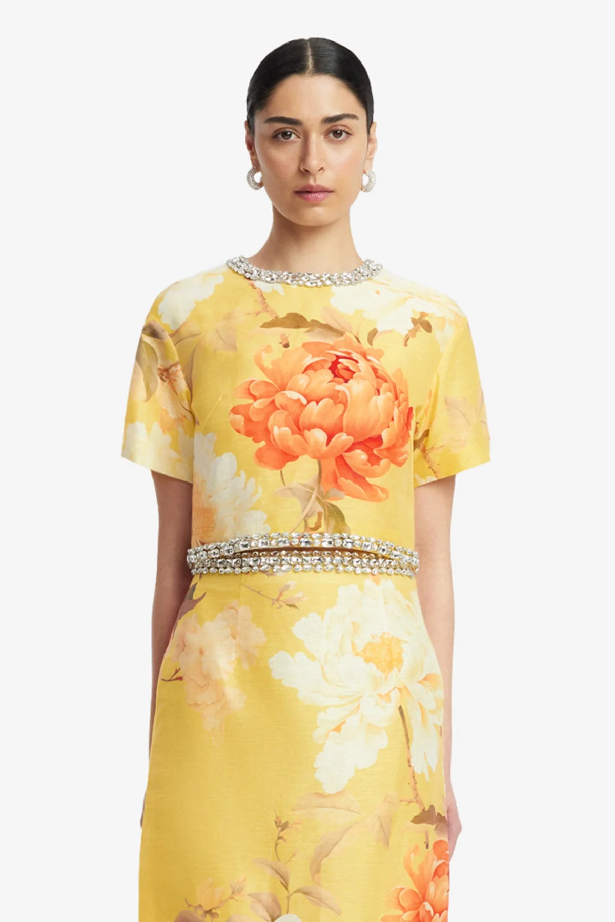 Indie Embellished Sleeve Top - Peony Print in Yellow